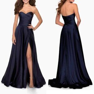 NEW La Femme Strapless Navy Blue Slit Satin Ballgown Maxi Dress P5393